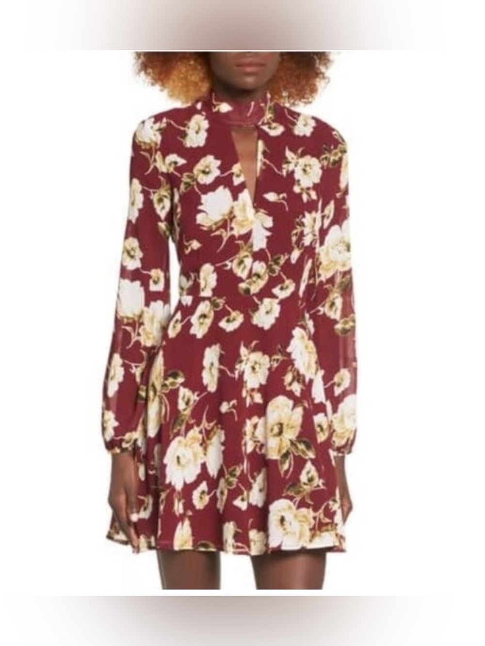 Lucca burgundy beige floral dress features a high neck with a front keyhole M